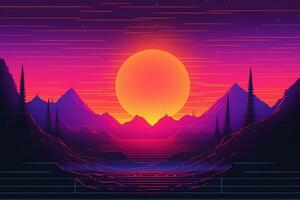 A digital illustration of a sunset with mountains in the background with photo