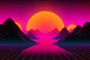 A digital illustration of a sunset with mountains in the background with photo