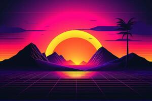 A digital illustration of a sunset with mountains in the background with photo