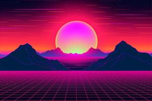 A digital illustration of a sunset with mountains in the background with photo