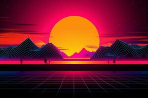 A digital illustration of a sunset with mountains in the background with photo