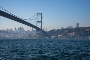 The Bosphorus Bridge across the Strait on a sunny and foggy day. photo