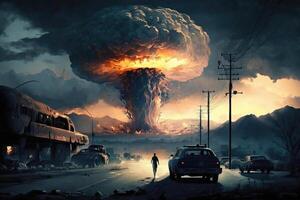 un hombre soportes en frente de un nuclear explosión y relojes esta espectáculo, el apocalipsis y el nuclear seta desde el explosión. generativo ai, foto
