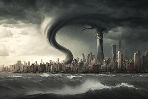 un grande tornado en un grande sitio y cerca el océano, un grande y peligroso tormenta y natural clima foto