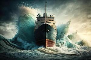 un grande carga Embarcacion cortes un ola en el mar con el arco de el barco, un tormenta en el mar foto