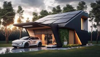 un moderno casa con solar paneles en el techo y un eléctrico coche en el yarda cerca el casa, generativo ai. foto