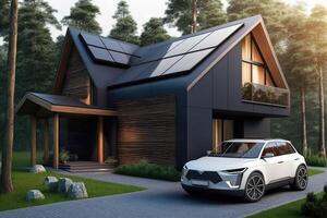 A modern house with solar panels on the roof and an electric car in the yard near the house, . photo