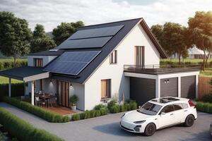 A house with solar panels and an electric car, an energy-independent house, environmentally friendly energy in the house, . photo