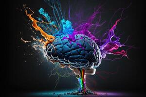 A human brain bursting with activity in colorful colors, . photo