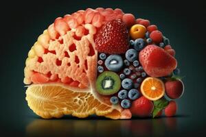 Human brain made of fruit on black background, proper nutrition and useful vitamins for health, copy space, . photo