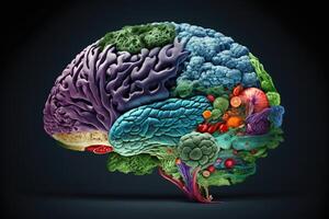 Human brain made of vegetables on a black background, . photo