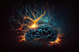 el humano cerebro explota con de colores activo neurona terminaciones, futuro cerebro actividad investigación, generativo ai. foto