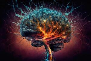 The human brain explodes with colored active neuron endings, future brain activity research, . photo