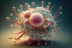 Attack of cancer cells on healthy cells in the human body, cells in large scale and copy space, . photo