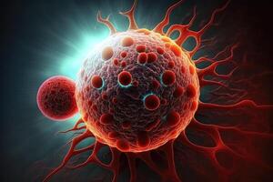 Attack of cancer cells on healthy cells in the human body, cells in large scale and copy space, . photo