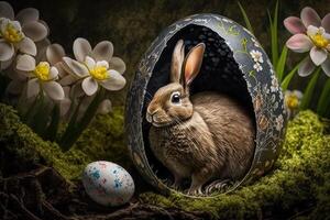 A hare in the forest sits in an egg on the moss, Easter symbols, greeting cards and copy space, . photo