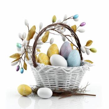 Painted Easter eggs in a white basket on a white background, . photo