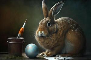 A rabbit sits on a table next to brushes and paints and painted Easter eggs, . photo