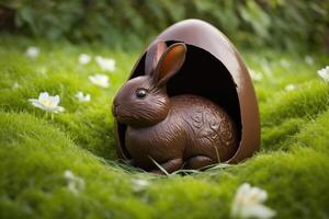 A traditional chocolate bunny sitting in a broken chocolate egg, . photo