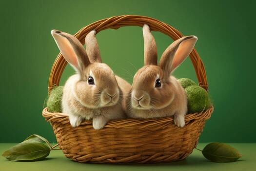 Two hares are sitting in a wooden basket on a green background, . photo
