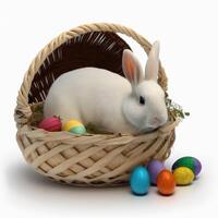 A white fluffy rabbit sits in a white basket with Easter eggs on a white background, . photo