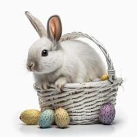 A white fluffy rabbit sits in a white basket with Easter eggs on a white background, . photo