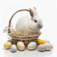 A white fluffy rabbit sits in a white basket with Easter eggs on a white background, . photo