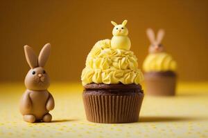 Chocolate cupcakes and bunnies on a yellow background, Easter card and free space for inscription, . photo