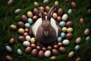 An Easter bunny sits in the center of a circle of chocolate Easter eggs lying on the grass, . photo