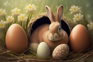 Easter eggs in a nest and a rabbit sitting near the nest, Easter customs and traditions, Easter greeting cards, . photo