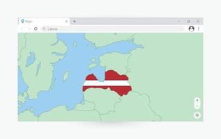 Browser window with map of Latvia, searching  Latvia in internet. vector