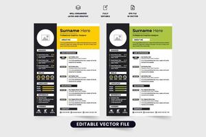 Professional resume template vector with photo placeholders. Modern company CV and resume layout design with yellow and green colors. Office intern job application and resume template vector.