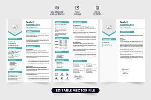 trabajo solicitud currículum modelo con un cubrir letra y personal información sección. CV y currículum diseño diseño con azul y oscuro colores. corporativo currículum modelo diseño con foto marcadores de posición vector