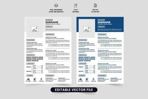 Simple CV template vector with photo placeholders and job experience sections. Modern office job application resume layout design with dark and blue colors. Company intern CV template vector.