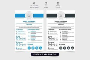 Minimalist resume and CV template vector with photo placeholders. Creative resume layout design for professional job applications. Office CV layout vector with dark and blue colors.