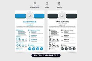 Minimalist resume and CV template vector with photo placeholders. Creative resume layout design for professional job applications. Office CV layout vector with dark and blue colors.