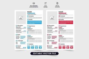 Professional job application and CV attachment template vector with photo placeholders. Corporate resume and CV layout design with red and blue colors. Minimal office resume template for employees.