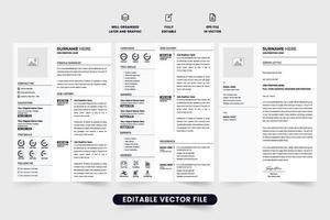 Simple job application CV template with experience and skill section for the corporate office. Resume template design with photo placeholders. Office employment CV layout vector with a cover letter.