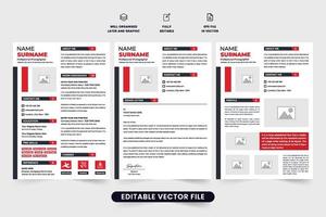 creativo empleado reanudar, cubrir carta, y portafolio diseño vector con rojo y oscuro colores. moderno oficina empleo solicitud modelo vector. profesional currículum y CV modelo diseño.