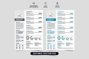 Modern job application layout design for official internship. Company employee resume and CV template vector with photo placeholders. Minimalist CV layout design with dark and blue colors.