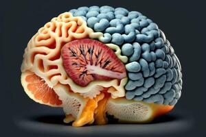 Human brain made of fruit on black background, proper nutrition and useful vitamins for health, copy space, . photo