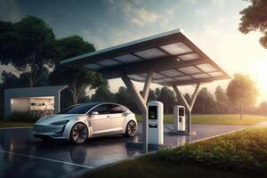 A charging station for electric cars, a car of the present and the future, an environmentally friendly car, . photo