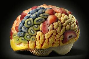 Human brain made of fruit on black background, proper nutrition and useful vitamins for health, copy space, . photo