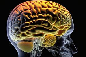 Scanned human head in profile, bright orange brain and head and neck veins, . photo