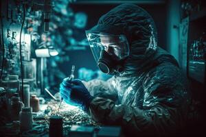 Secret research in military biolaboratories. an epidemiologist scientist in a protective isolation suit conducts experiments in the laboratory, . photo