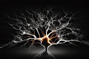 A tree of nervous system and veins with bright light at the ends on a black background, . photo