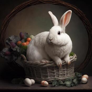 A white rabbit with Easter eggs near a basket on a black background, . photo