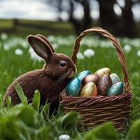 bunny is sitting on the grass near a basket with colored Easter eggs, . photo
