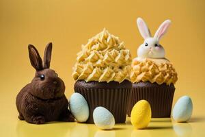 Chocolate cupcakes and bunnies on a yellow background, Easter card and free space for inscription, . photo