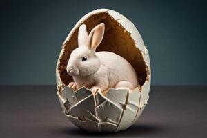 blanco Conejo en roto blanco chocolate huevo, Pascua de Resurrección motivo y Copiar espacio, generativo ai. foto